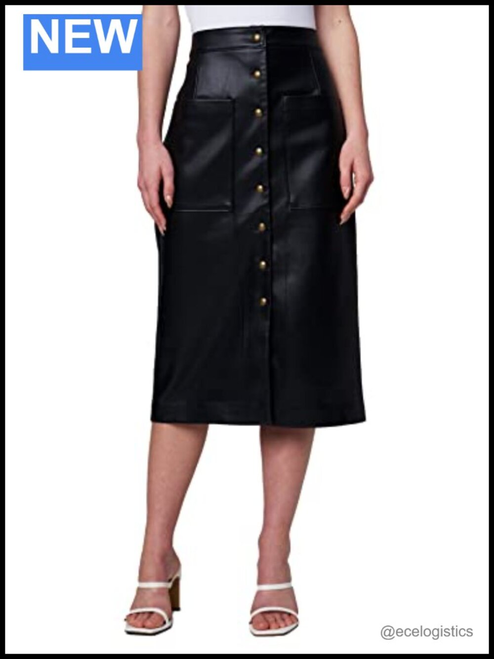 Midi Vegan Leather Skirt High Rise Snap Front